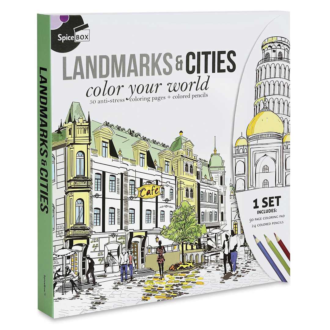 Open in modal - Landmarks & Cities Coloring Kit - Left angled view of Kit package
