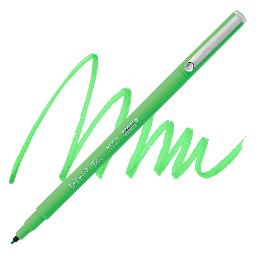 Open in modal - Marvy Uchida LePen Flex Marker - Fluorescent Green, swatch and marker