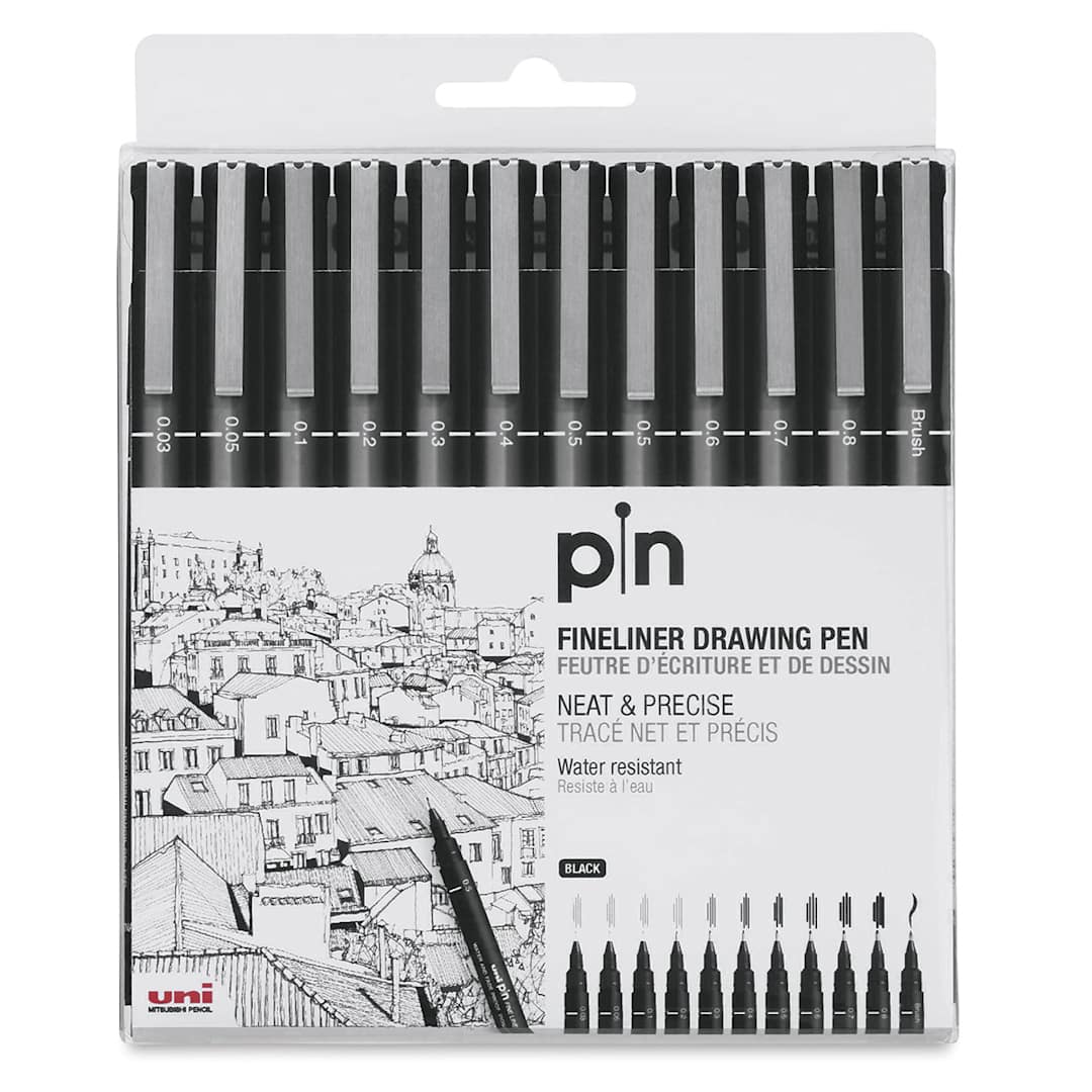 Open in modal - Uni Pin Fine Liner Pen Sets - Front of package of set of 12 pens shown