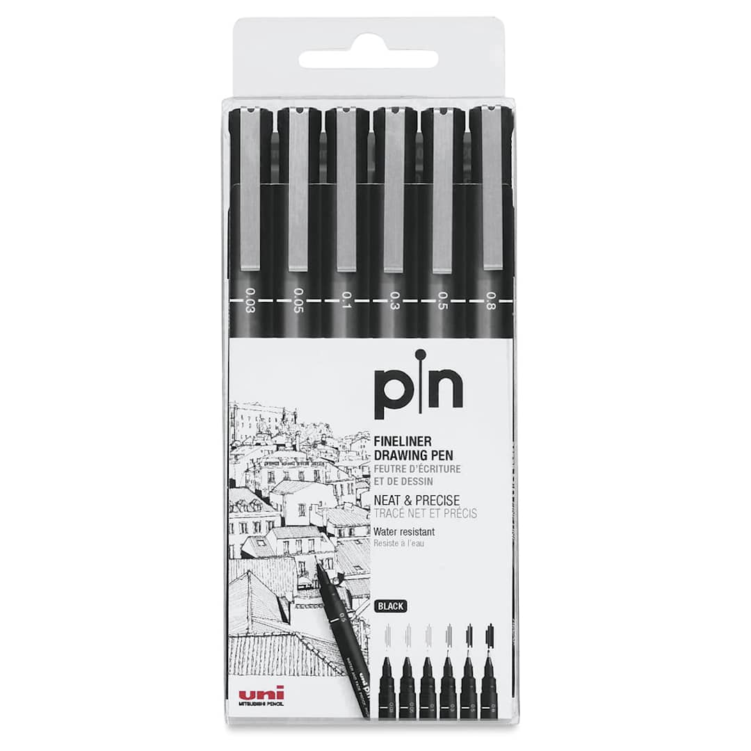 Open in modal - Uni Pin Fine Liner Pen Sets - Front of package of set of 6 pens shown