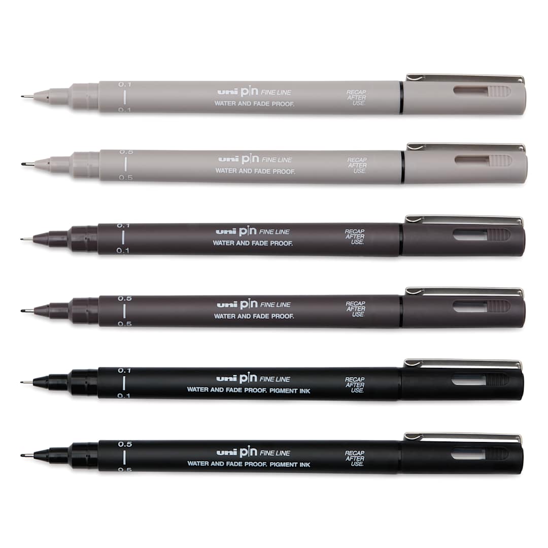 Open in modal - Uni Pin Fine Liner Pen - Set of 6, Black and Gray, cap off
