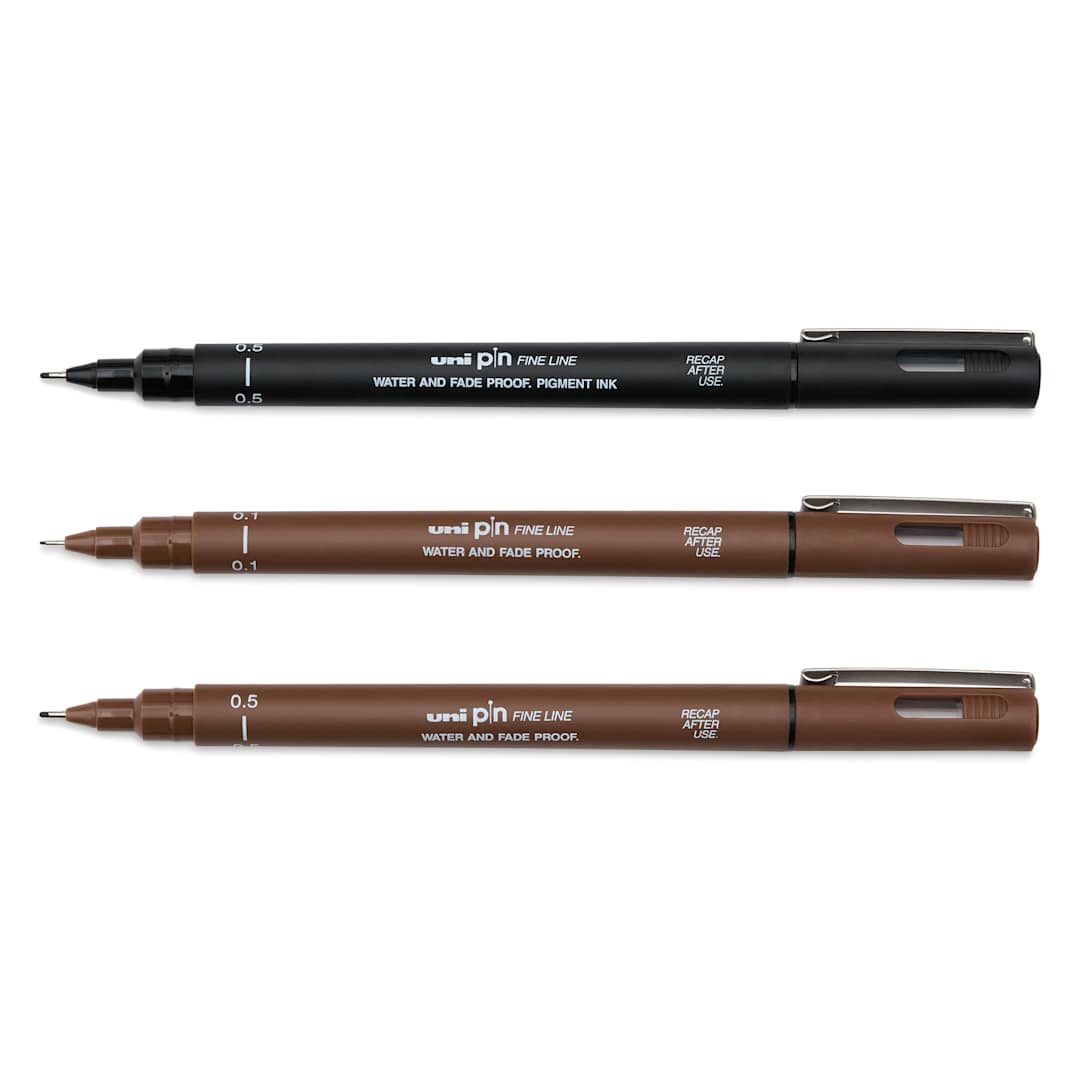 Open in modal - Uni Pin Fine Liner Pen - Set of 3, Black and Sepia, cap off