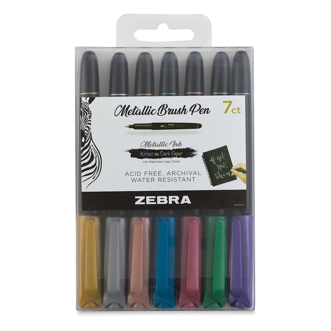 Open in modal - Zebra Metallic Brush Pen Set - Front of package of 7 Assorted Colors