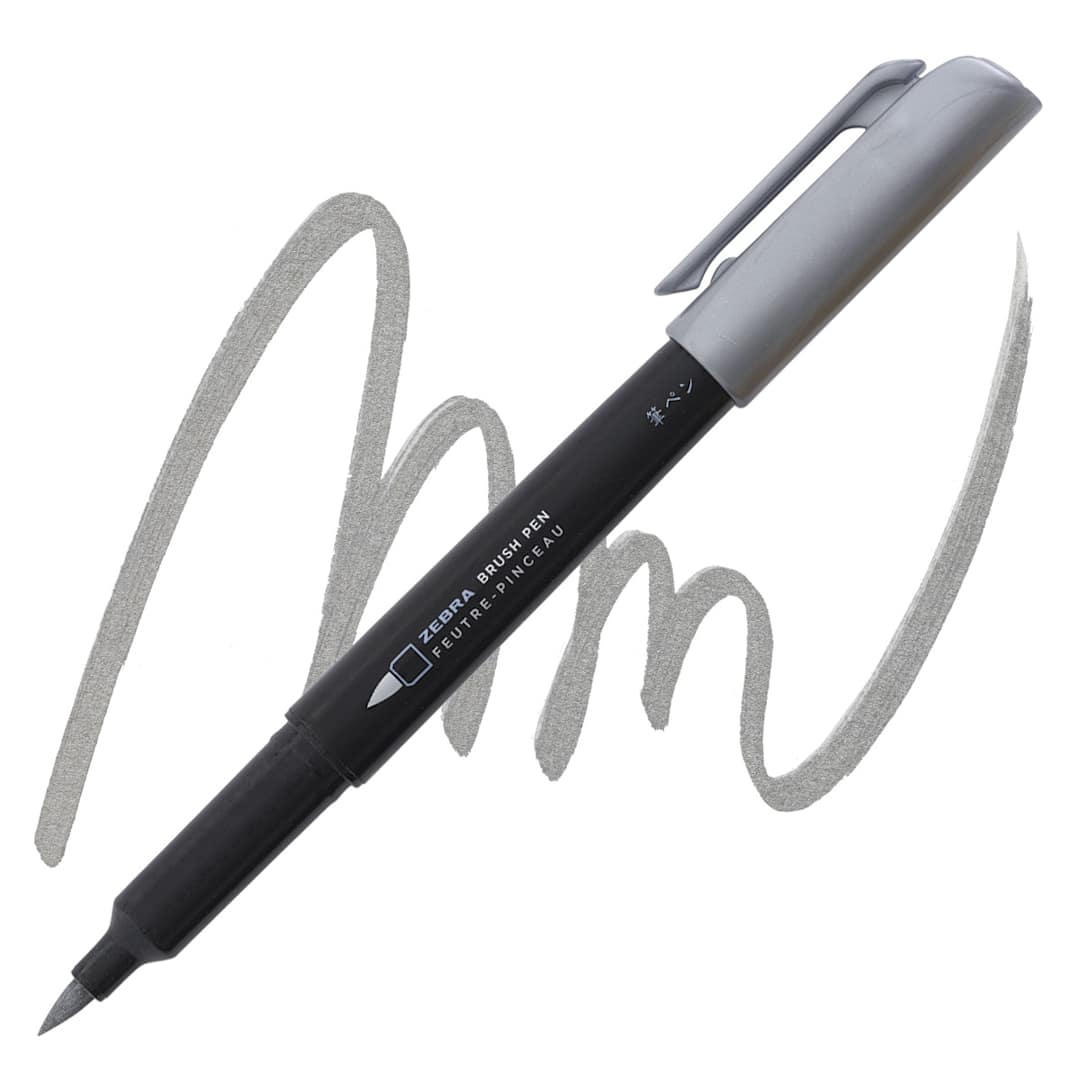 Open in modal - Zebra Metallic Brush Pen - Silver pen and swatch