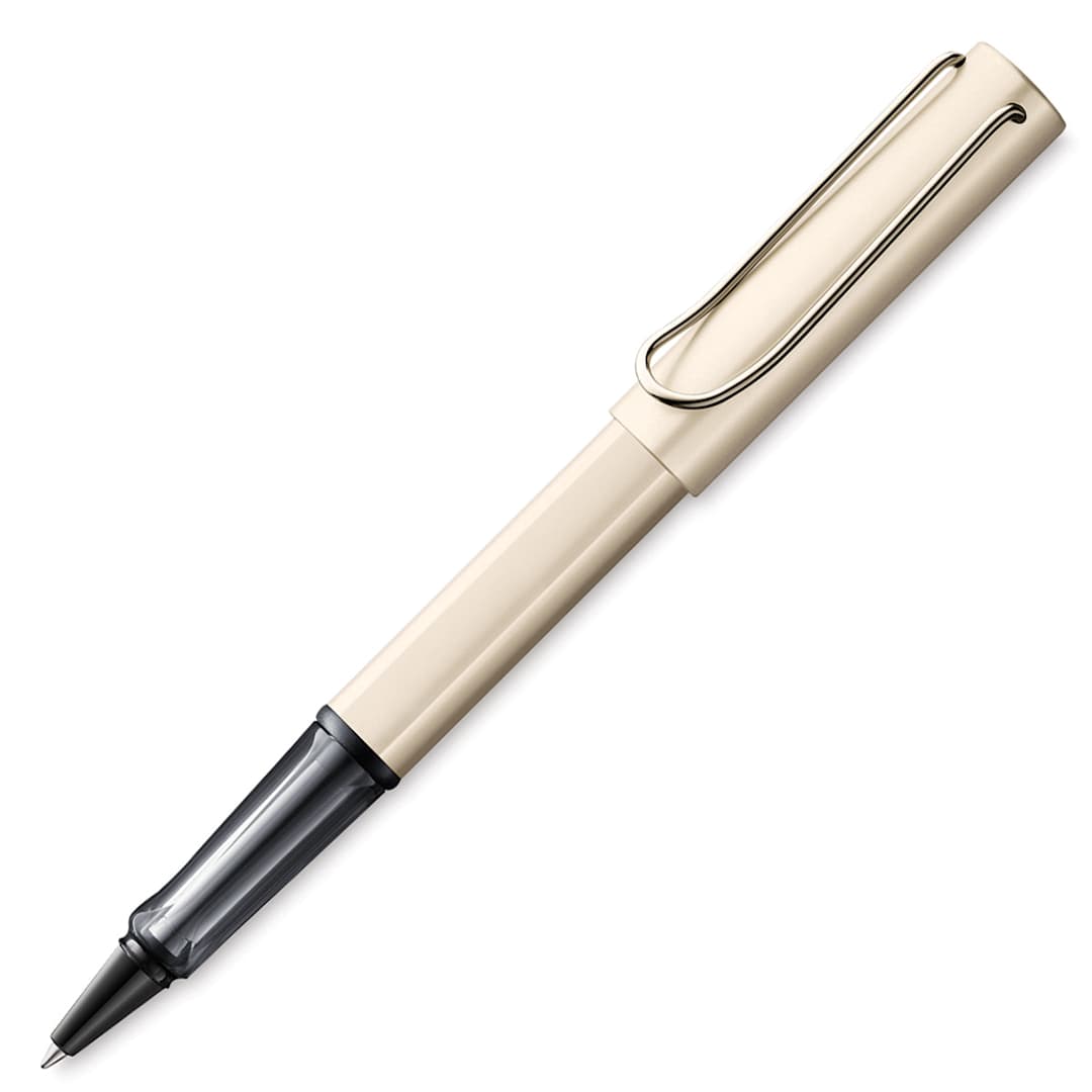 Open in modal - Lamy Lx Rollerball Pen - Palladium Pen uncapped at angle