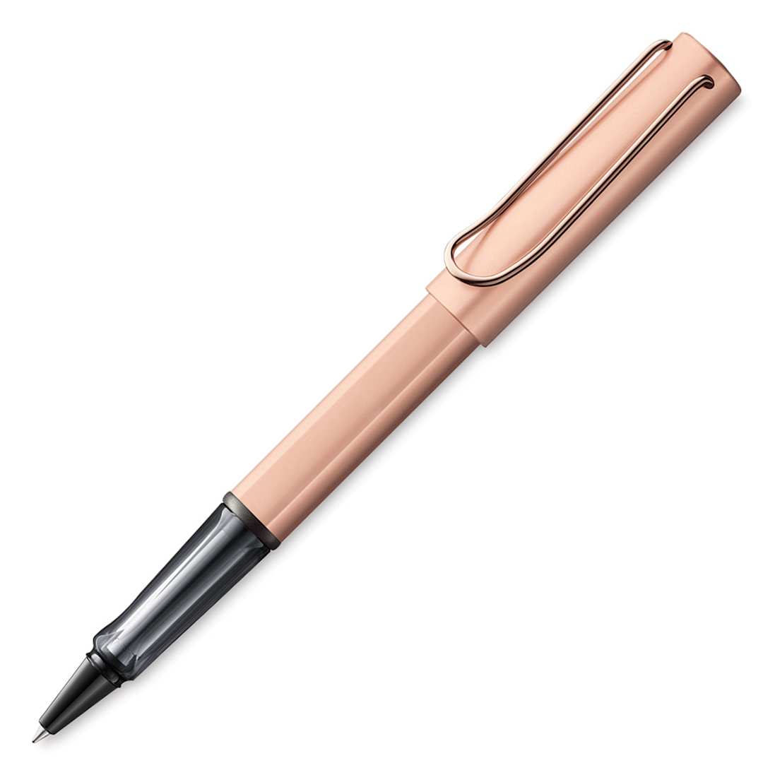 Open in modal - Lamy Lx Rollerball Pen - Rosegold Pen uncapped at angle
