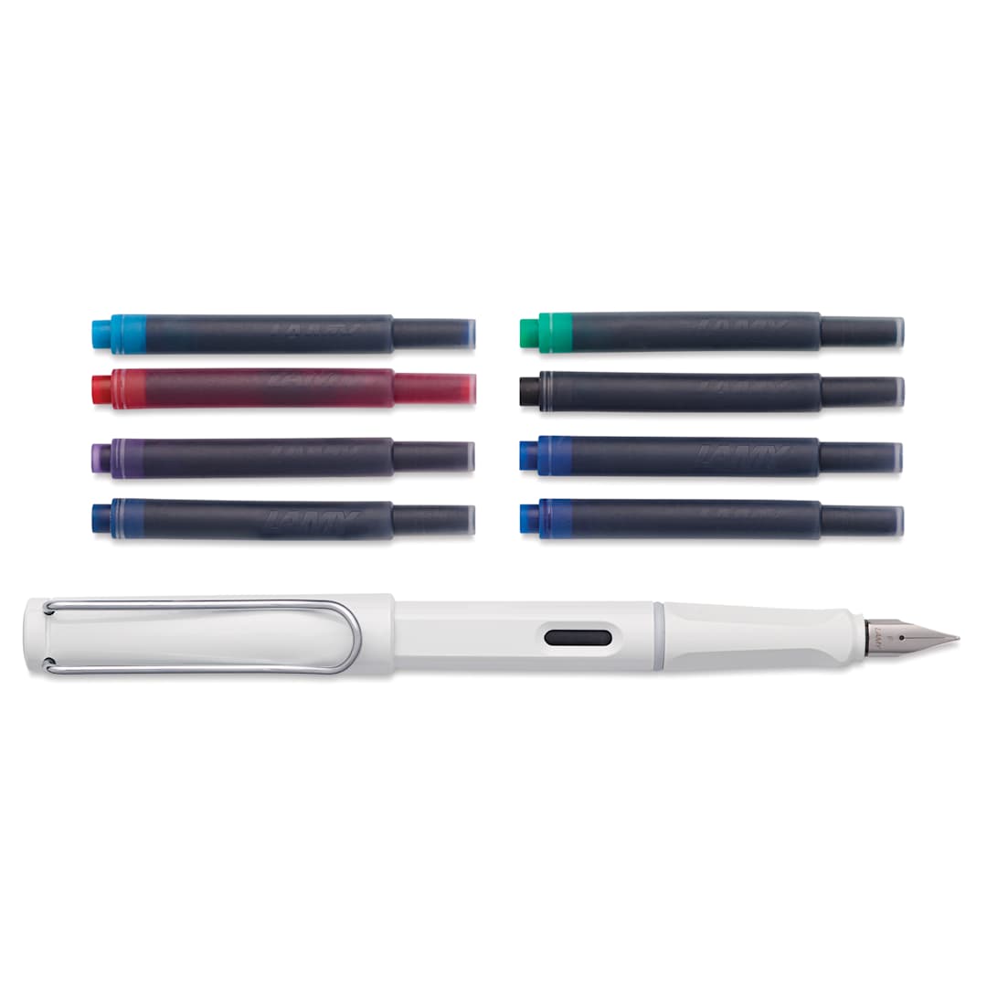 Open in modal - Blick Exclusive Lamy Safari Fountain Pen Set - White, Fine Nib, contents laid out
