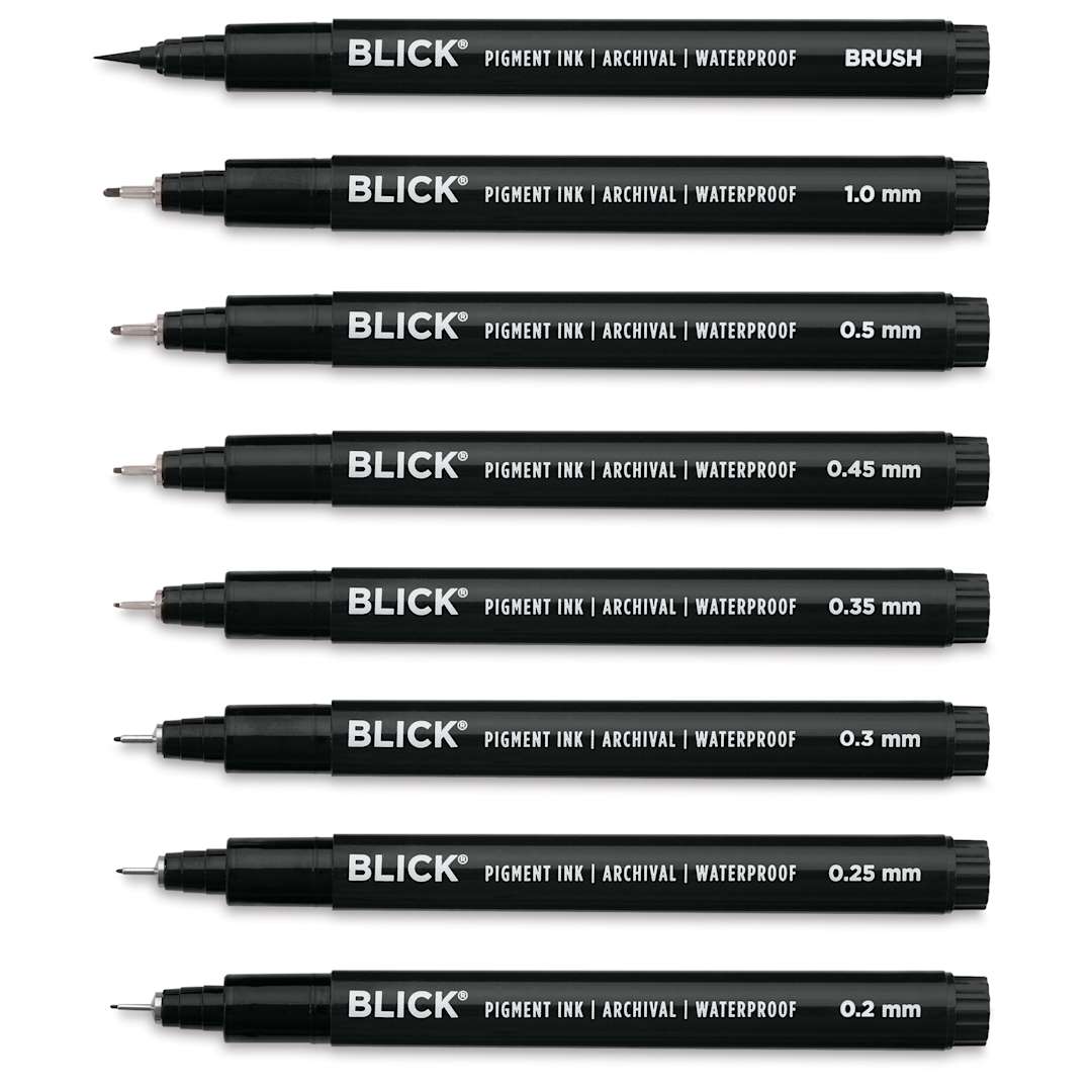 Open in modal - Blick Studio Pigment Liners - Black, Set of 8, Assorted - with caps removed