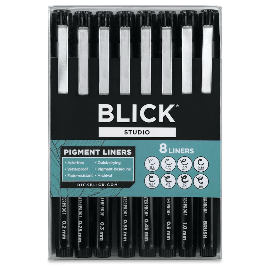 Open in modal - Blick Studio Pigment Liners - Black, Set of 8, Assorted - front of packaging