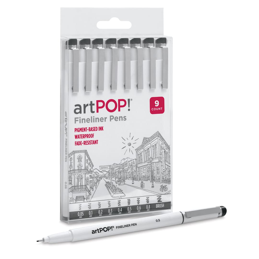 Open in modal - artPOP! Fineliner Pens - Set of 9, Assorted Sizes, one fineliner out of packaging