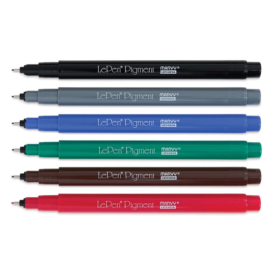 Open in modal - Marvy Uchida LePen Pigment Pens - Primary Colors, Set of 6 with caps off