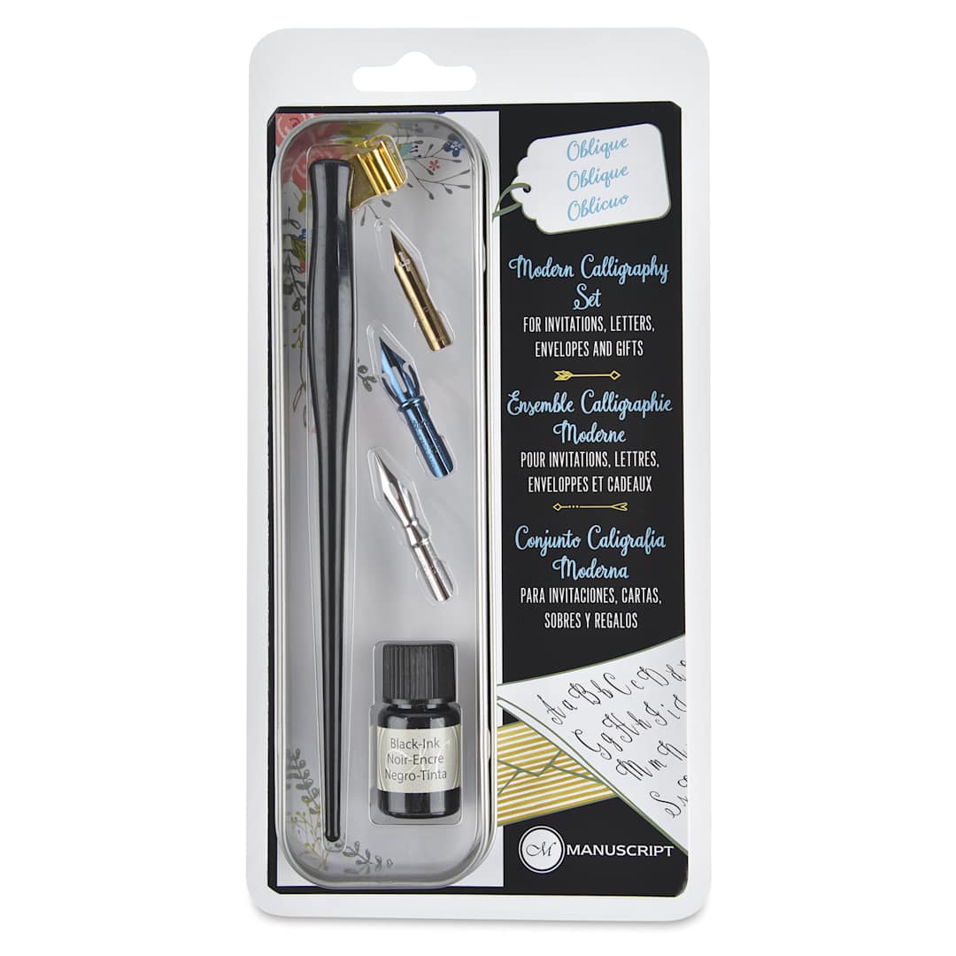 Open in modal - Manuscript Modern Calligraphy Oblique Pen Set - Black, Set of 5, inside of the packaging