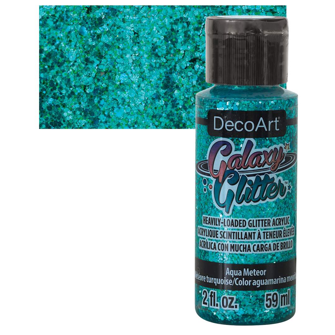 Open in modal - DecoArt Galaxy Glitter Paint - Aqua Meteor, 2 oz bottle and swatch