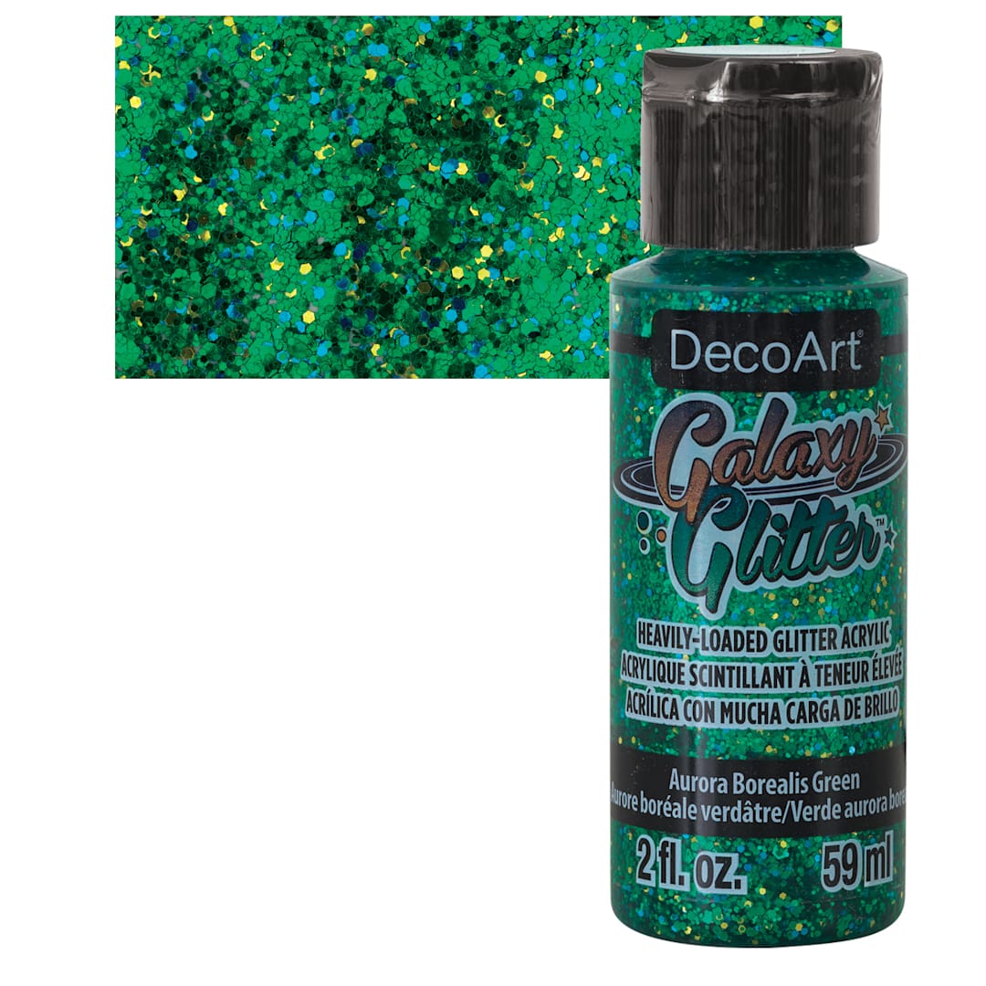 Open in modal - DecoArt Galaxy Glitter Paint - Aurora Borealis Green, 2 oz bottle and swatch