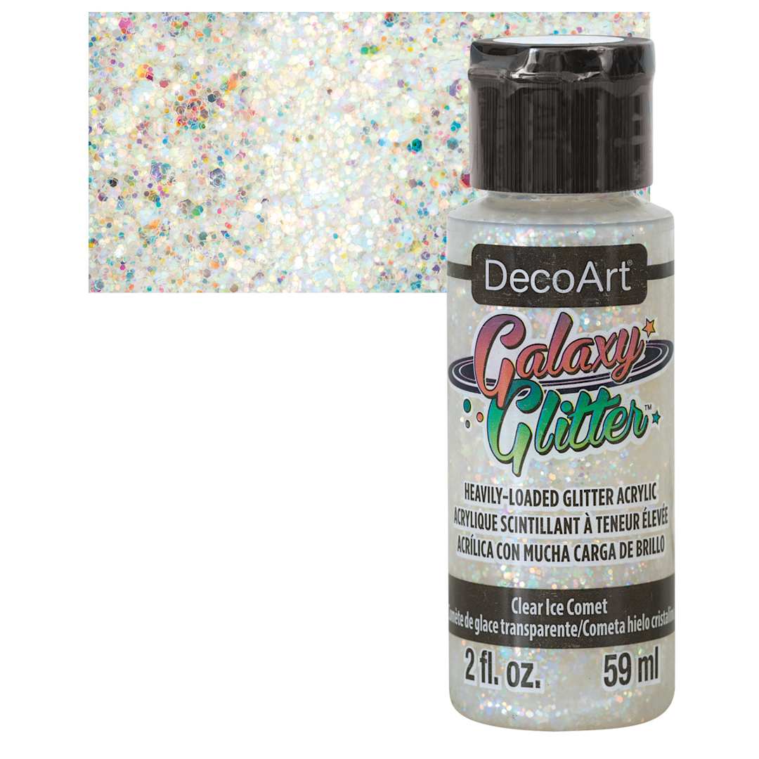 Open in modal - DecoArt Galaxy Glitter Paint - Clear Ice Comet, 2 oz bottle and swatch