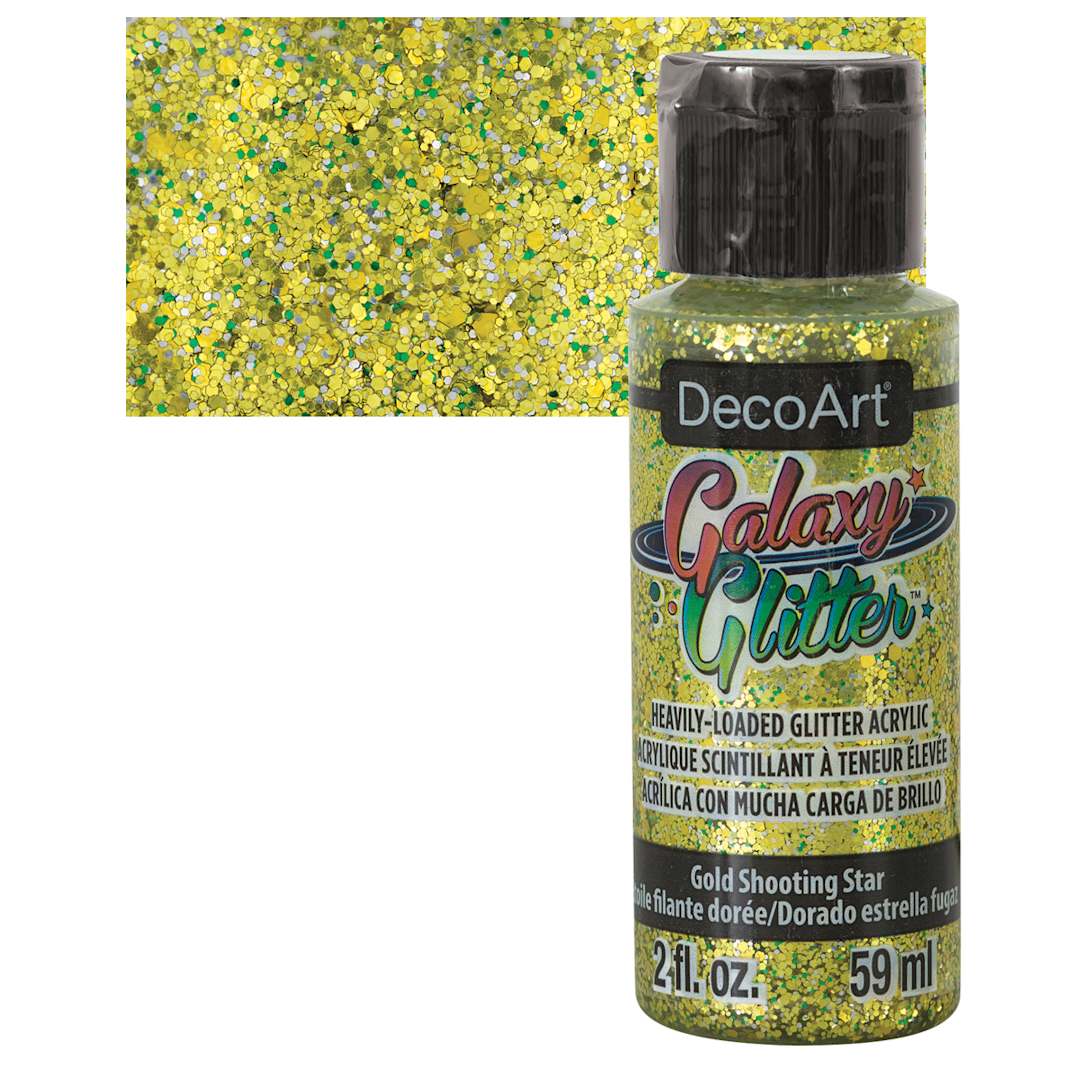 Open in modal - DecoArt Galaxy Glitter Paint - Gold Shooting Star, 2 oz bottle and swatch