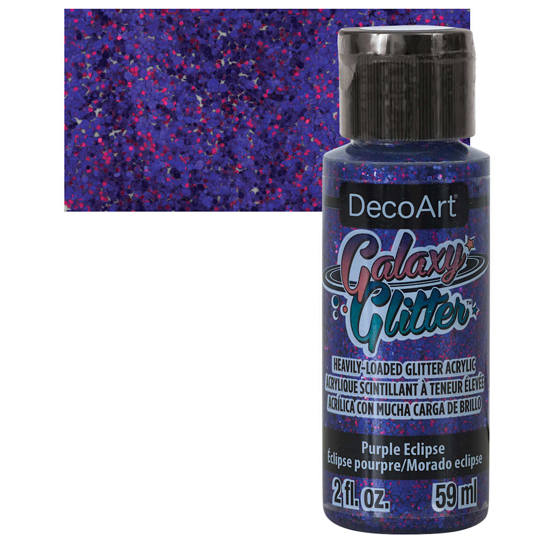 Open in modal - DecoArt Galaxy Glitter Paint - Purple Eclipse, 2 oz bottle and swatch