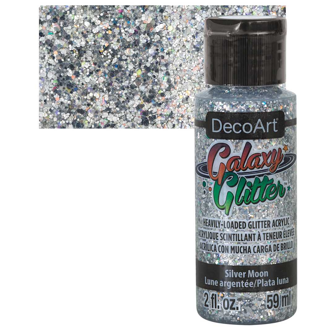 Open in modal - DecoArt Galaxy Glitter Paint - Silver Moon, 2 oz bottle and swatch