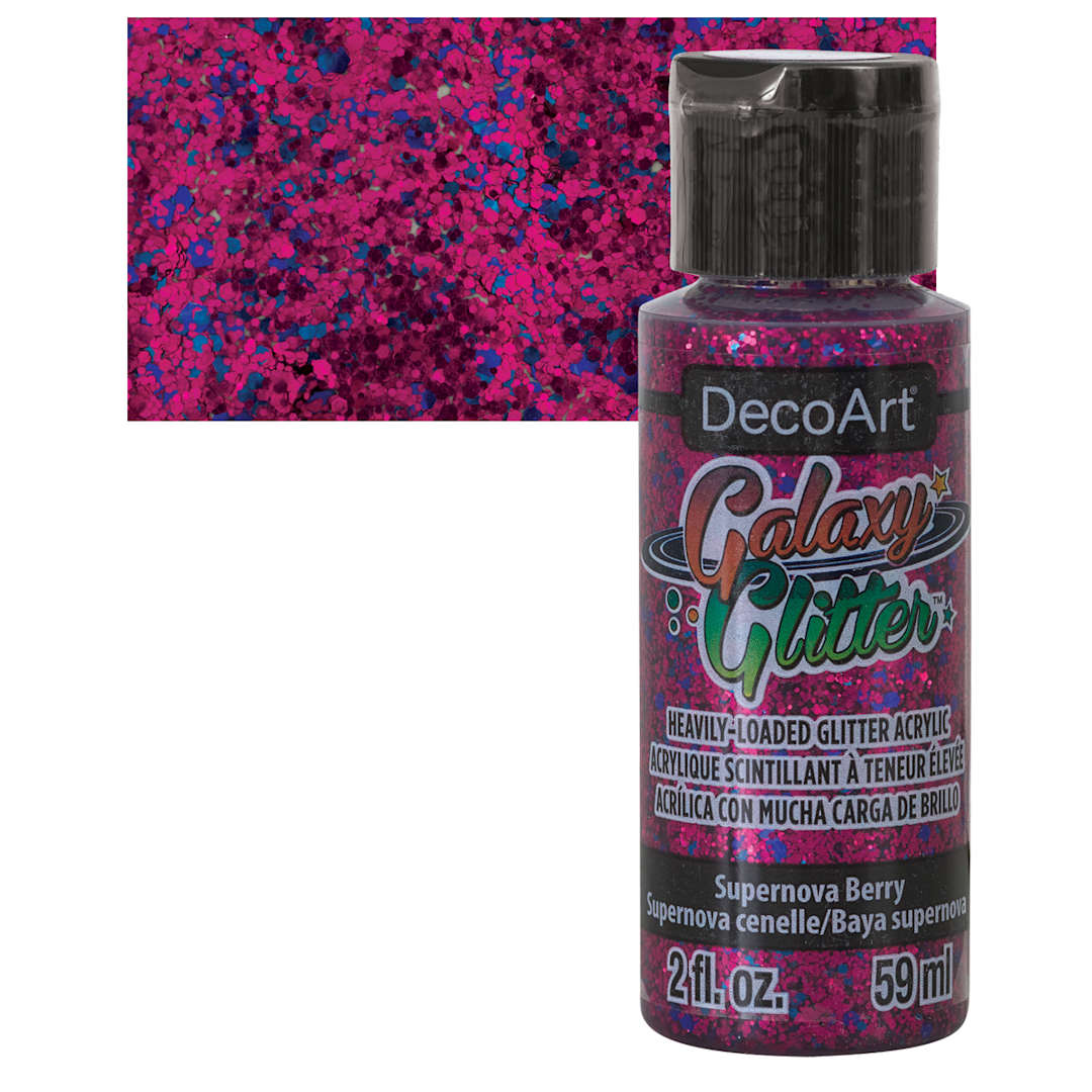 Open in modal - DecoArt Galaxy Glitter Paint - Supernova Berry, 2 oz bottle and swatch