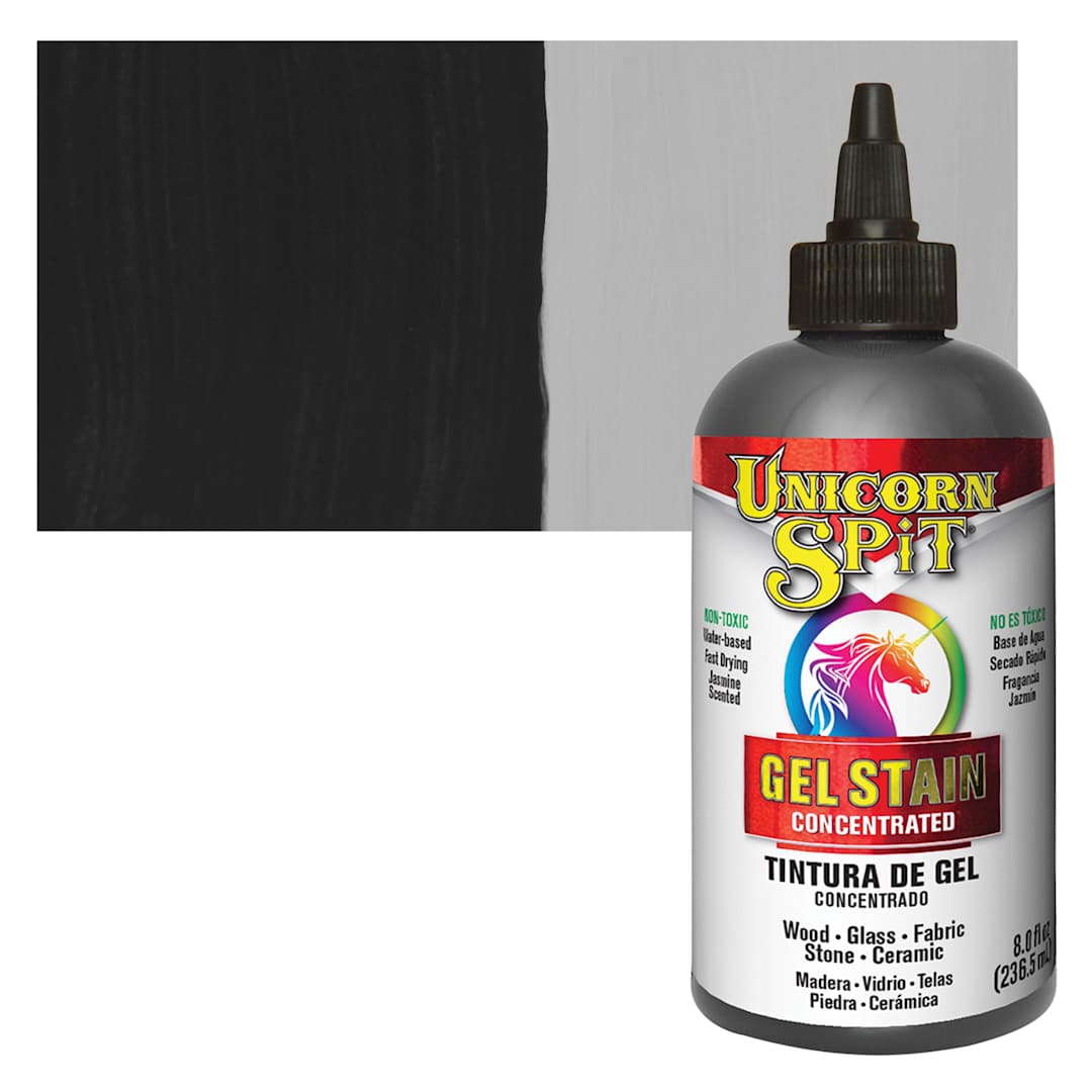 Open in modal - Unicorn Spit Gel Stain and Glaze - Midnight's Blackness, 8 oz - Bottle and Swatch