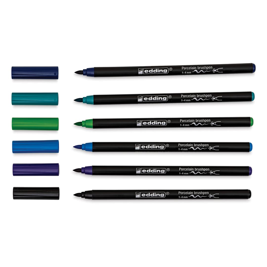 Open in modal - Edding 4200 Series Porcelain Brush Pens - Set of 6, Cool (Pens with caps off)