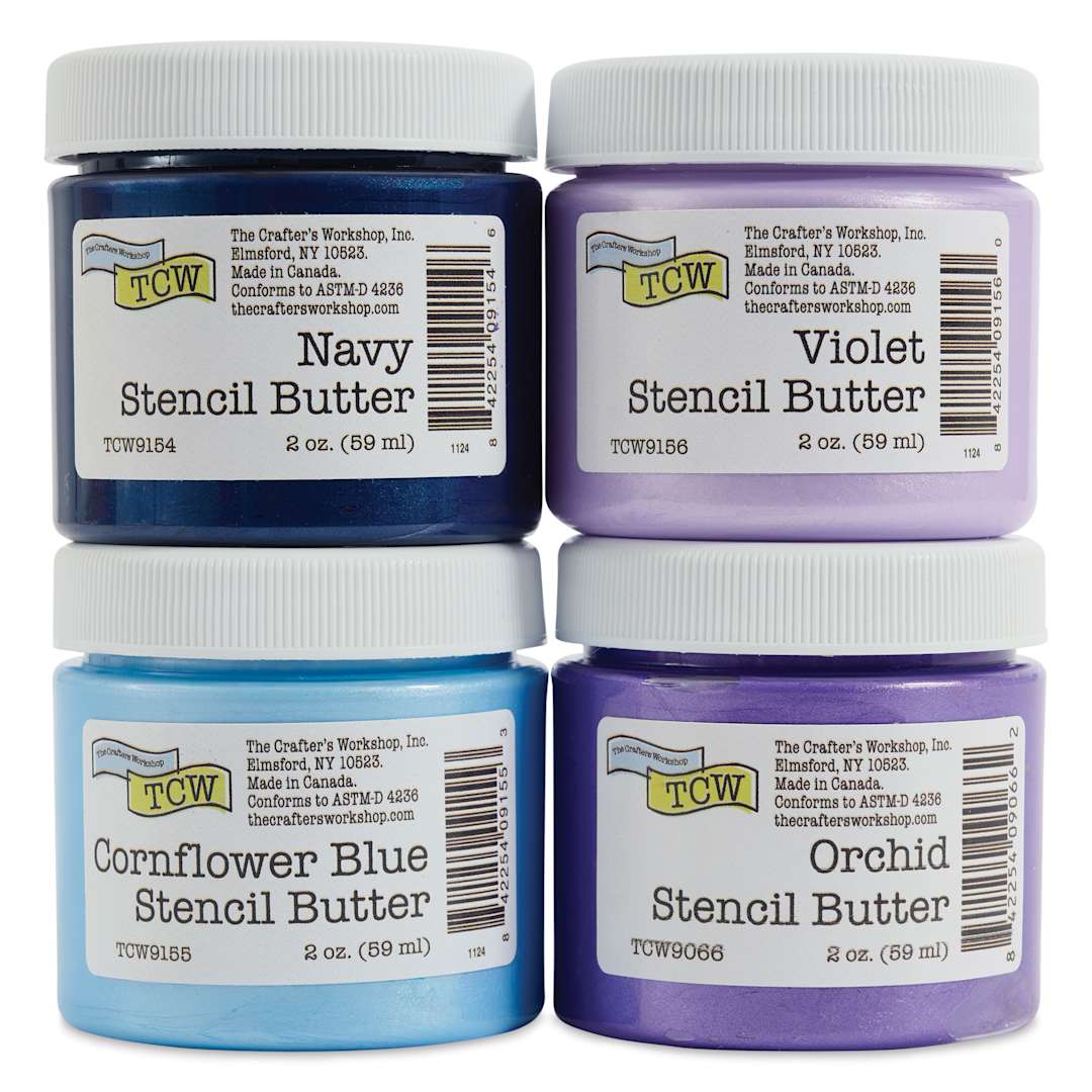 Open in modal - Stencil Butter Acrylic Paints - Pkg of 4, Blueberry Meadow, 2 oz Jars closed and stacked