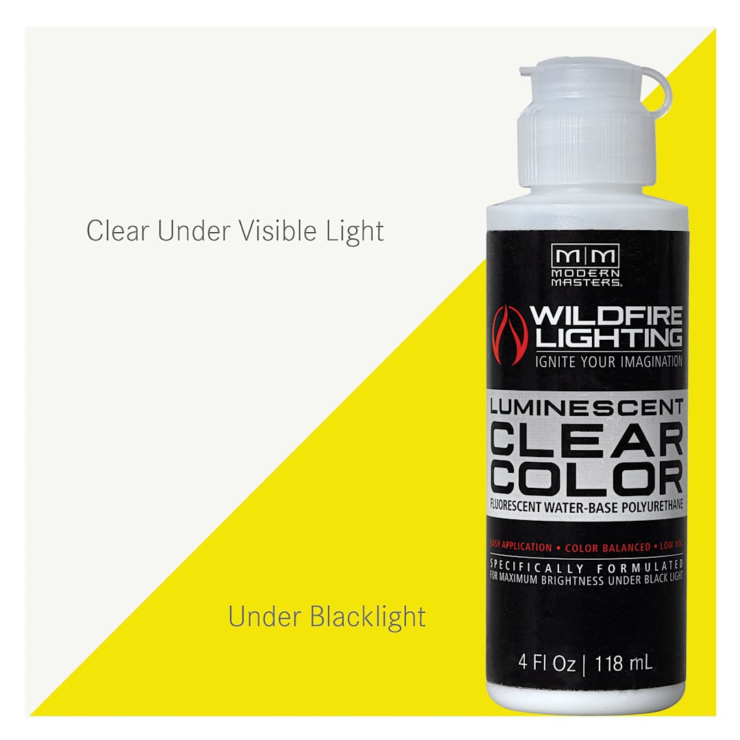 Open in modal - Wildfire Invisible Clear Color Luminescent Polyurethane Paint - Yellow, Flat, 4 oz Bottle and swatch