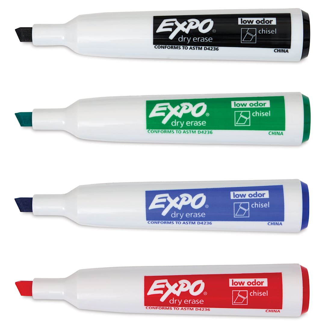 Open in modal - Expo Magnetic Dry Erase Markers - Chisel Tip, Assorted, Set of 4, markers with caps off
