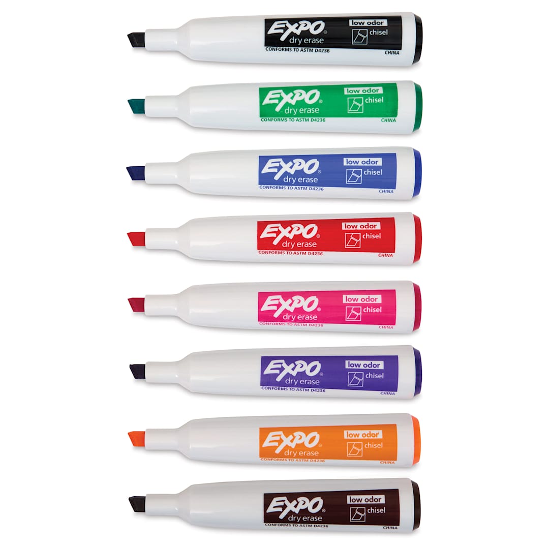 Open in modal - Expo Magnetic Dry Erase Markers - Chisel Tip, Assorted, Set of 8, markers laid out with caps off