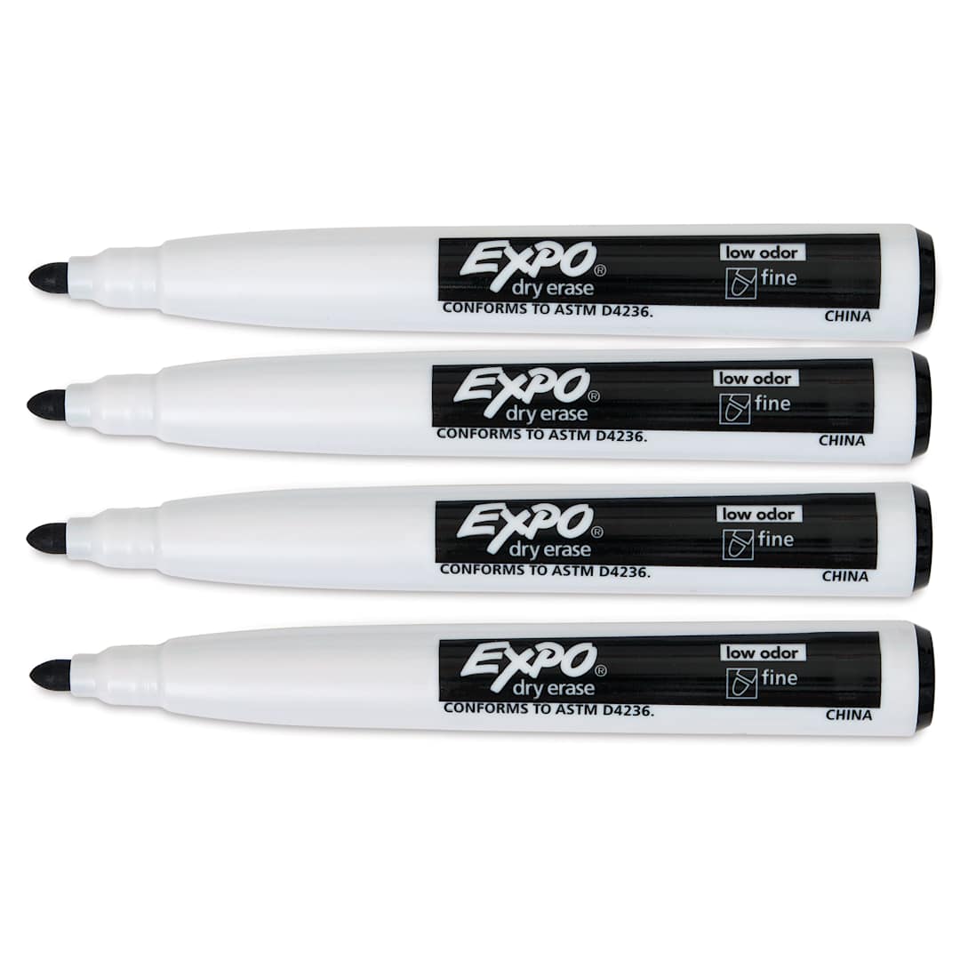 Open in modal - Expo Magnetic Dry Erase Markers - Fine Tip, Black, Set of 4, markers with caps off