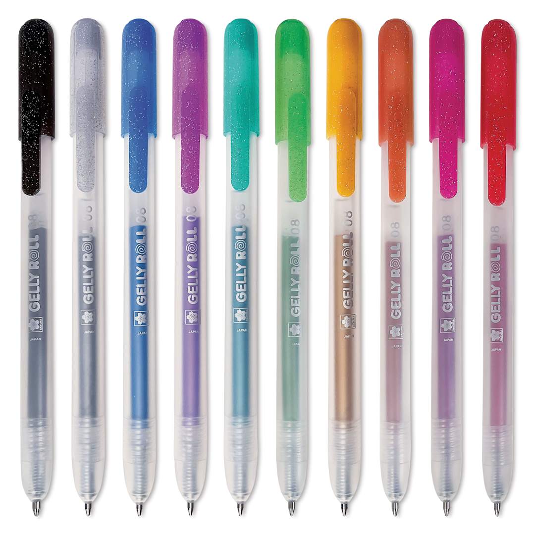 Open in modal - Sakura Gelly Roll Retractable Metallic Pens - Set of 10, out of packaging with tips extended