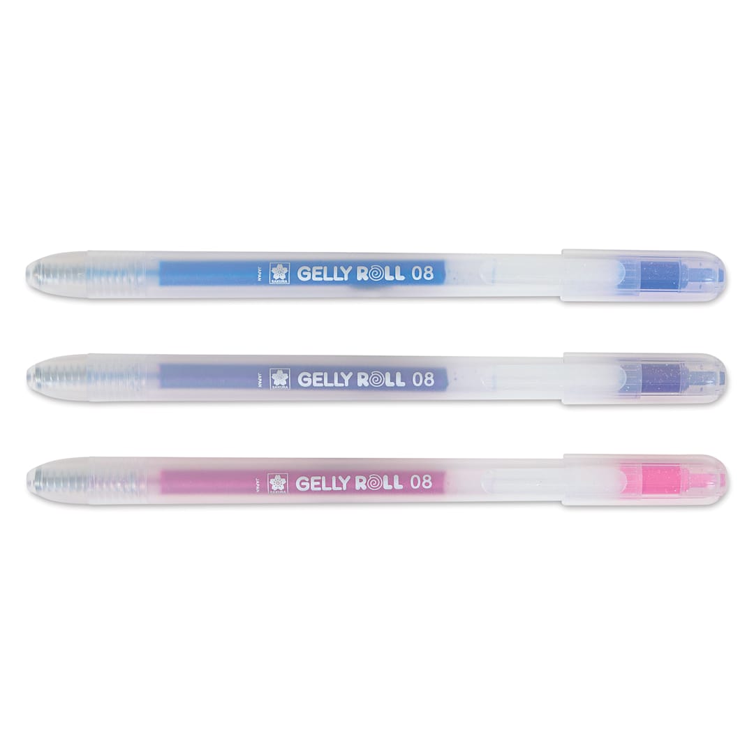 Open in modal - Sakura Gelly Roll Retractable Stardust Pens - Set of 3, out of packaging with tips retracted