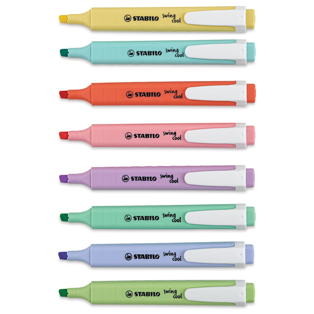 Open in modal - Stabilo Swing Cool Highlighters - Pastel, Set of 8, contents laid out of packaging