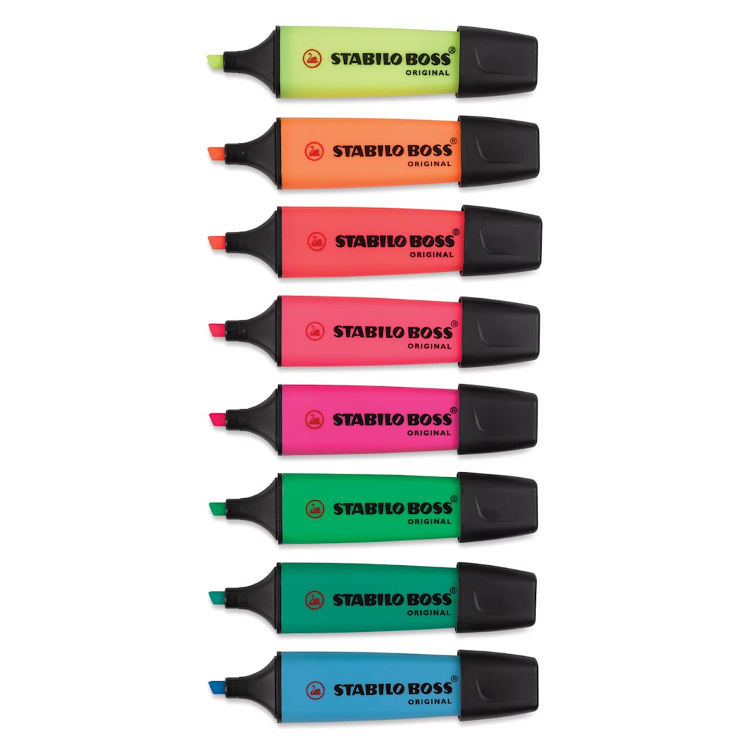Open in modal - Stabilo Boss Original Highlighters - Classic, Set of 8, markers laid out with caps off