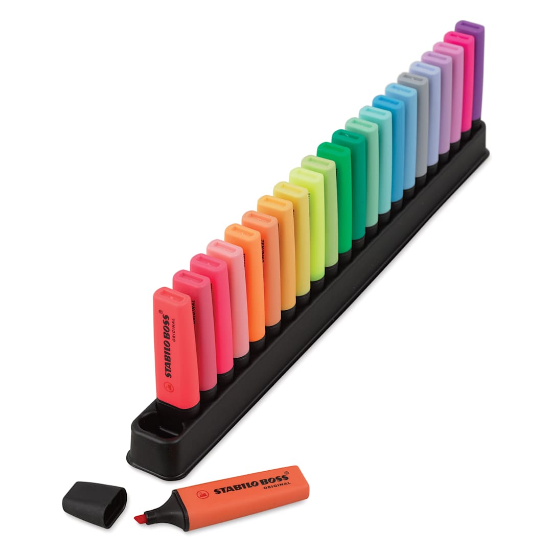 Open in modal - Stabilo Boss Original Highlighters - Arty, Set of 23, single marker with cap off in front of tray 