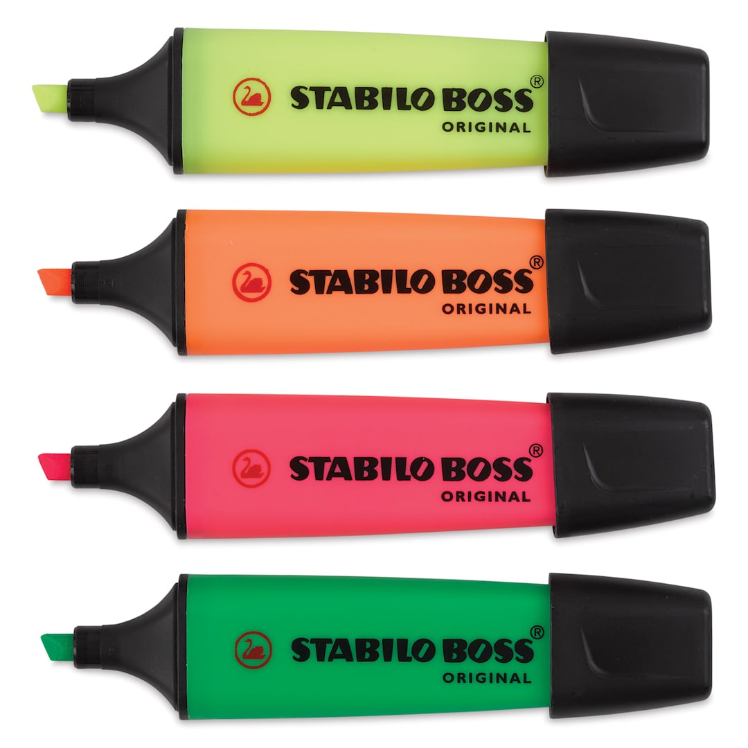 Open in modal - Stabilo Boss Original Highlighters - Assorted Colors, Set of 4, markers laid out with caps off