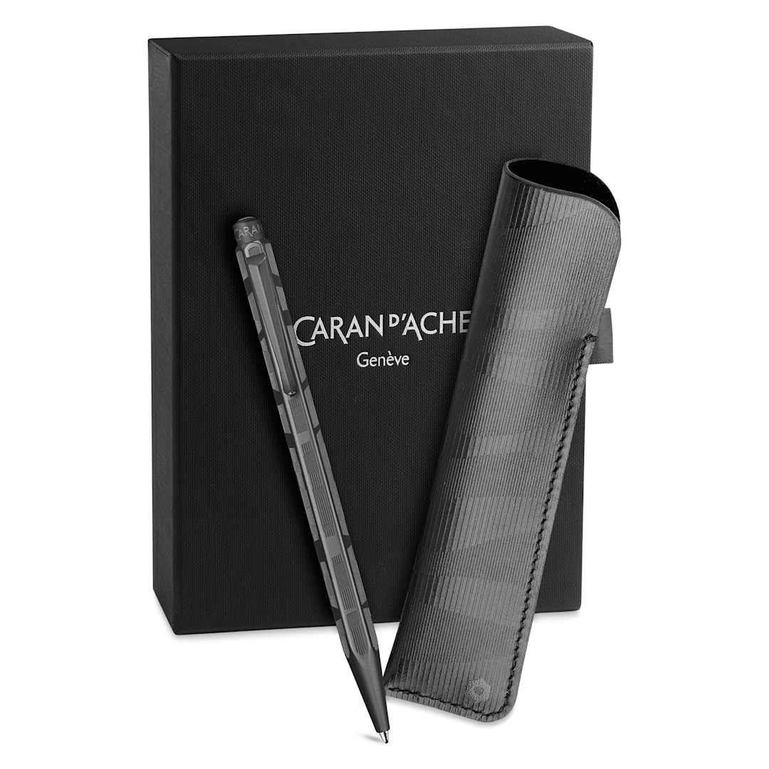 Open in modal - Caran d’Ache Ecridor Black Lines Ballpoint Pen and Leather Case Set, laid out