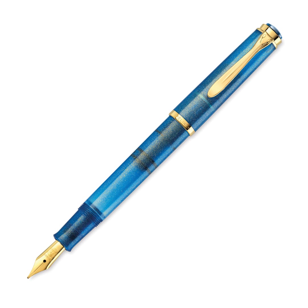 Open in modal - Pelikan M200 Fountain Pen - Golden Lapis, cap on end of pen