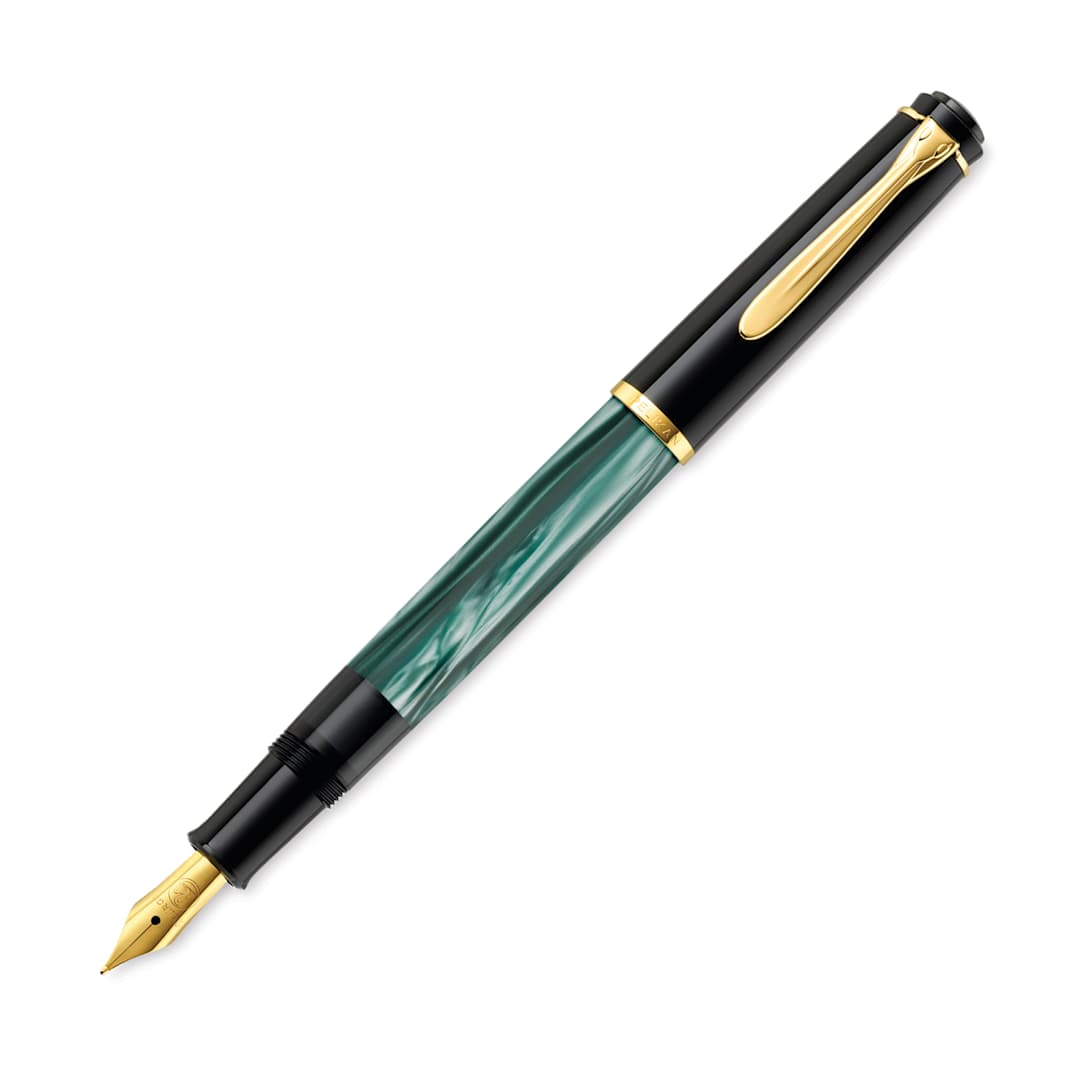 Open in modal - Pelikan M200 Fountain Pen - Green Marble, with cap on end of pen