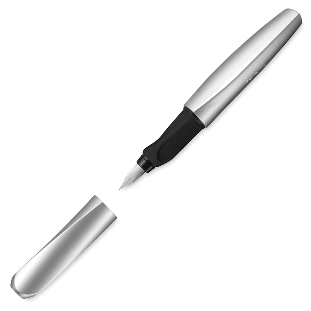Open in modal - Pelikan Twist Fountain Pen - Silver, Medium Tip, pen and cap
