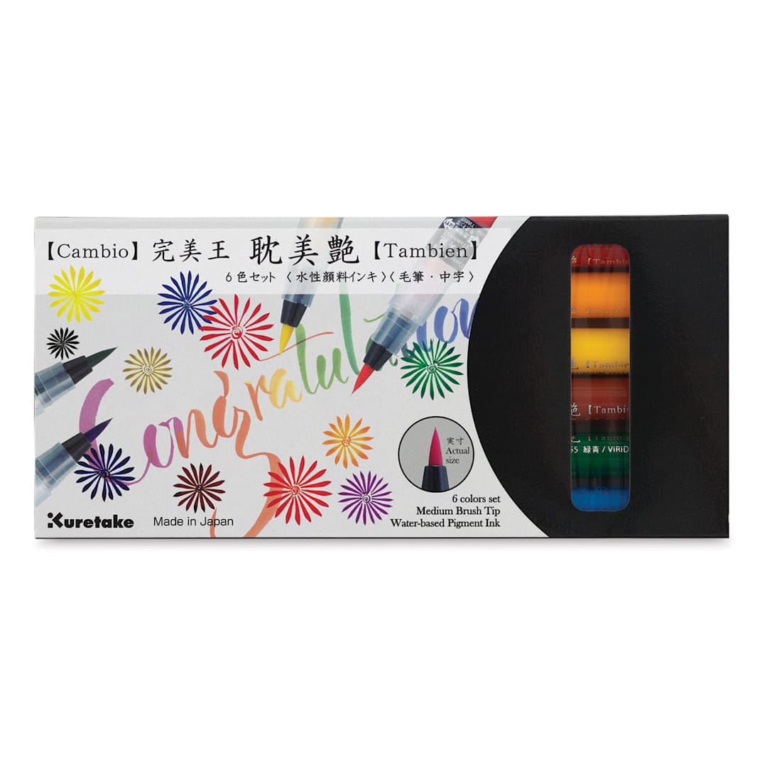 Open in modal - Kuretake Cambio Tambien Brush Pen - Front of package of Set A, Set of 6 colors