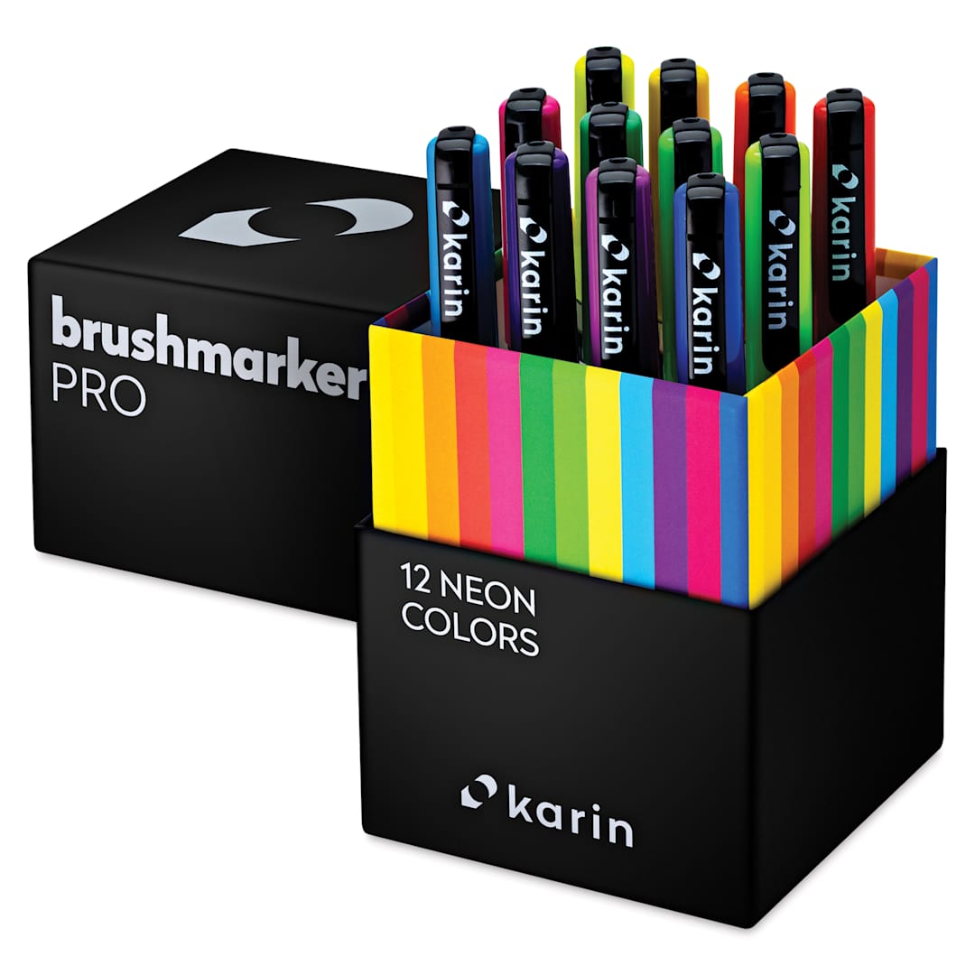 Open in modal - Karin Brushmarkers Pro Markers - Neon, Set of 12, top of box removed showing markers