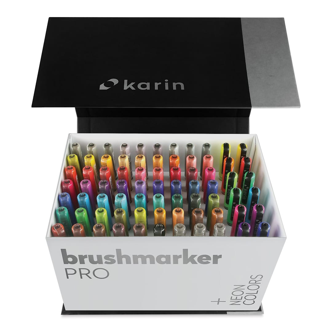 Open in modal - Karin Brushmarkers Pro Markers - Mega Box Plus, Set of 75, box opened showing the markers inside