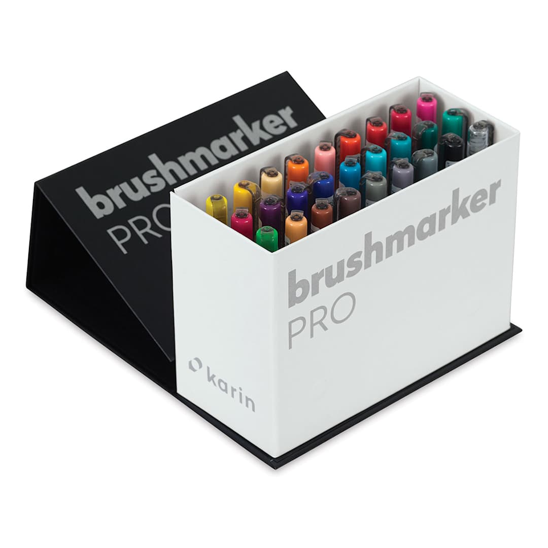 Open in modal - Karin Brushmarkers Pro Markers - Mini Box, Set of 27, box opened showing markers inside