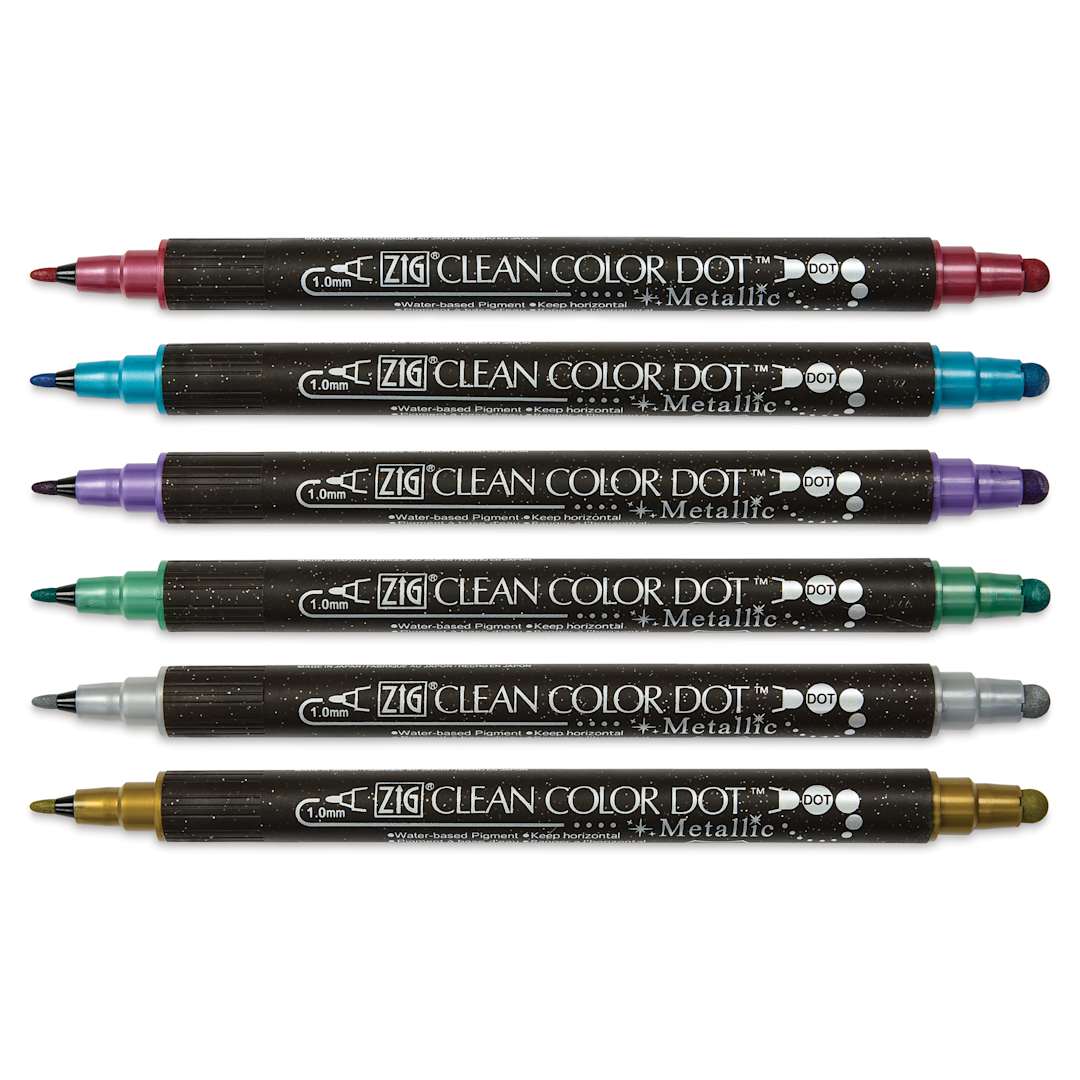 Open in modal - Zig Clean Color Dot Dual Tip Markers - Set of 6, Metallic Colors, caps off