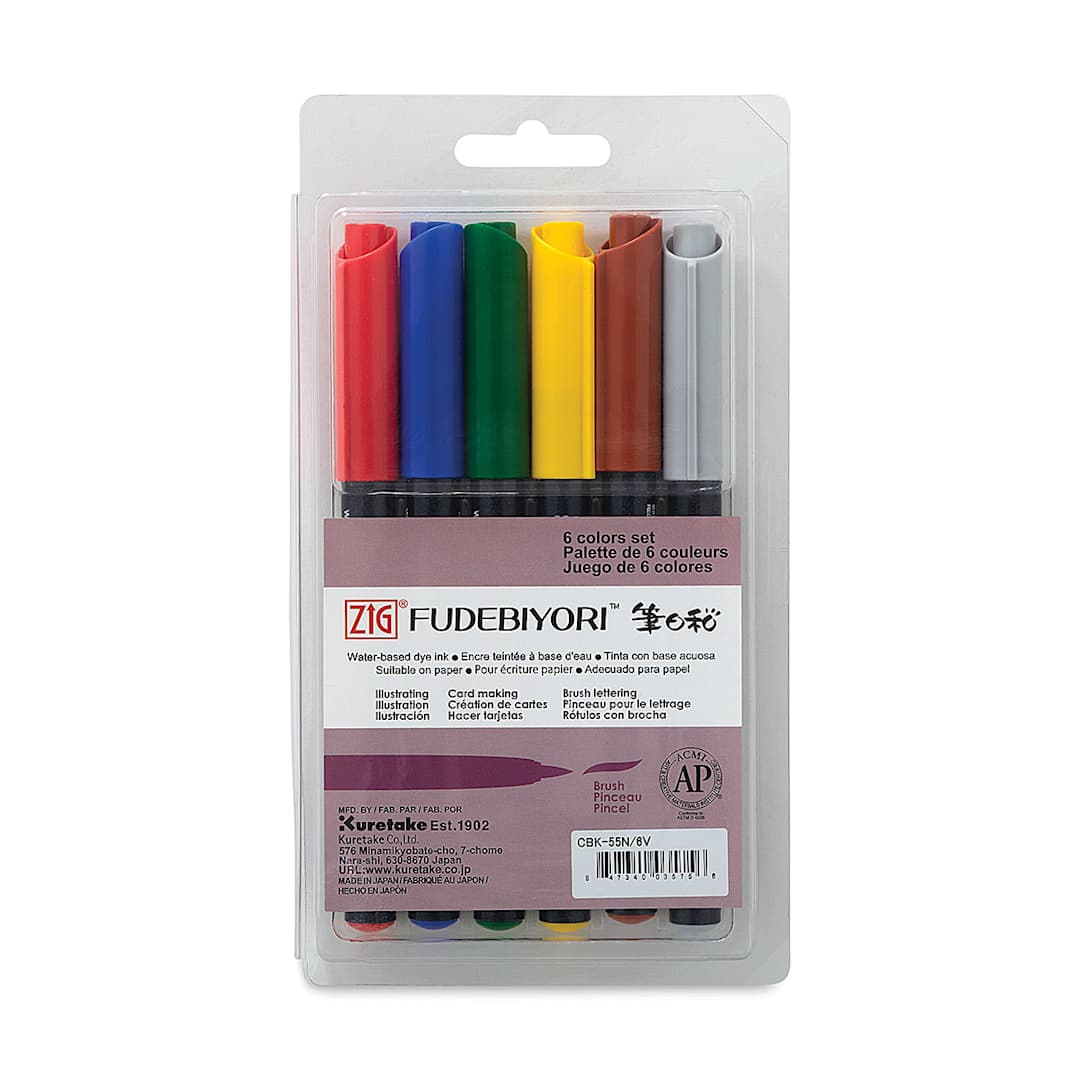 Open in modal - Kuretake Zig Fudebiyori Brush Pens - Front of package of set of 6 Assorted colors