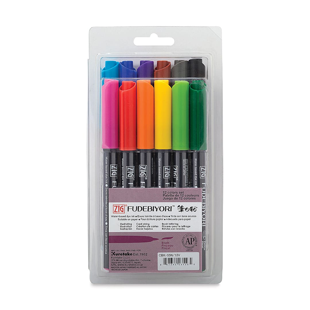 Open in modal - Kuretake Zig Fudebiyori Brush Pens - Front of package of Set of 12 Assorted Colors
