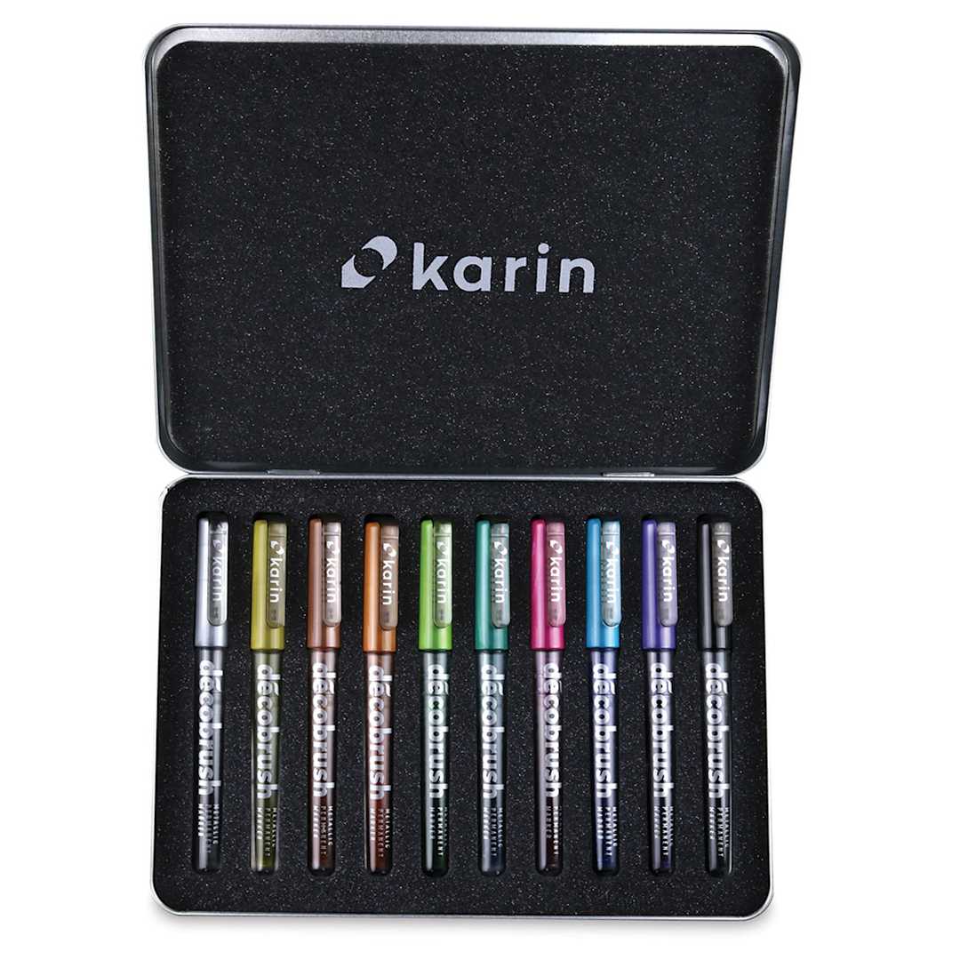 Open in modal - Karin DécoBrush Metallic Markers - Open package of Set of 10 showing capped markers