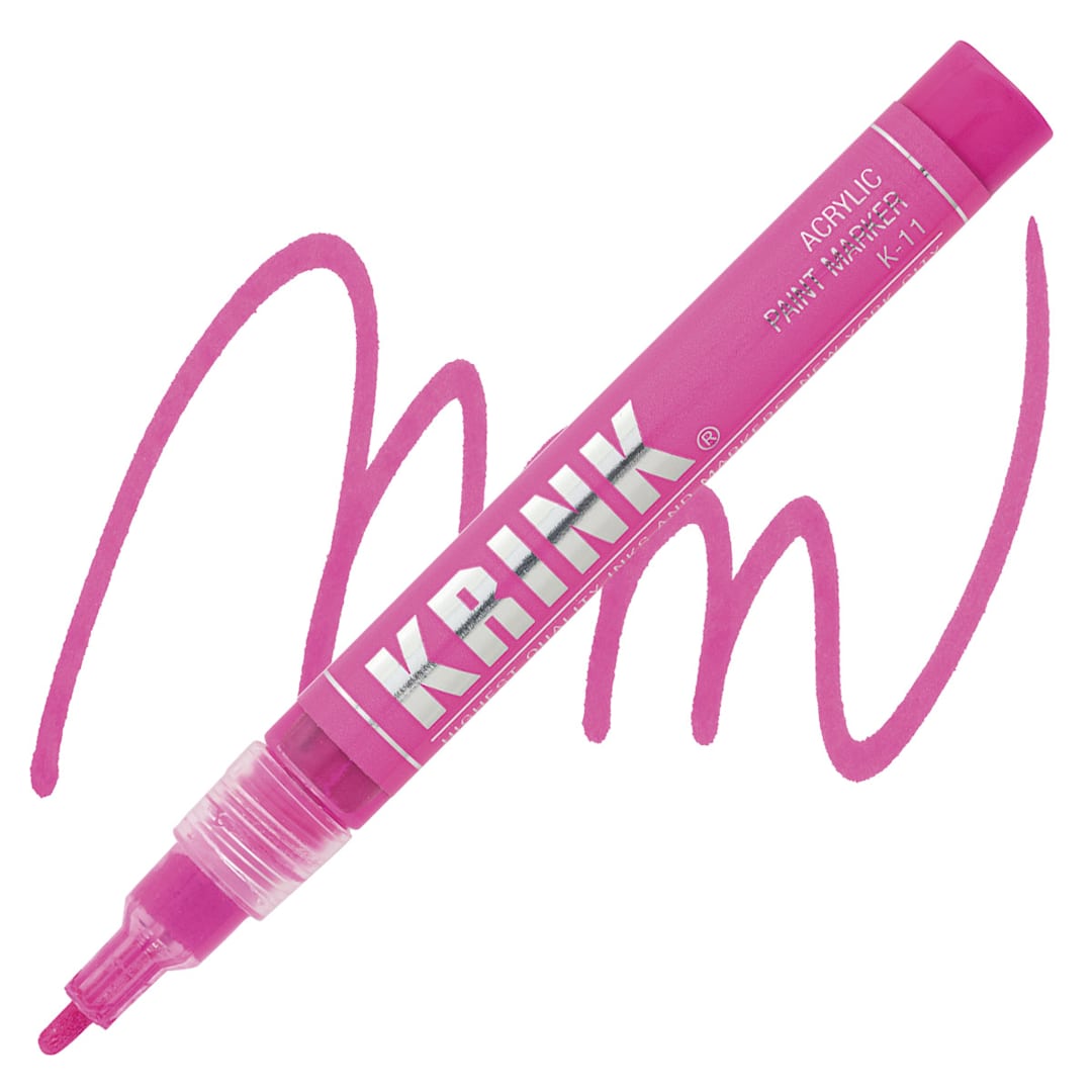 Open in modal - Krink K-11 Acrylic Paint Marker - Fluorescent Pink, 3 mm marker and swatch