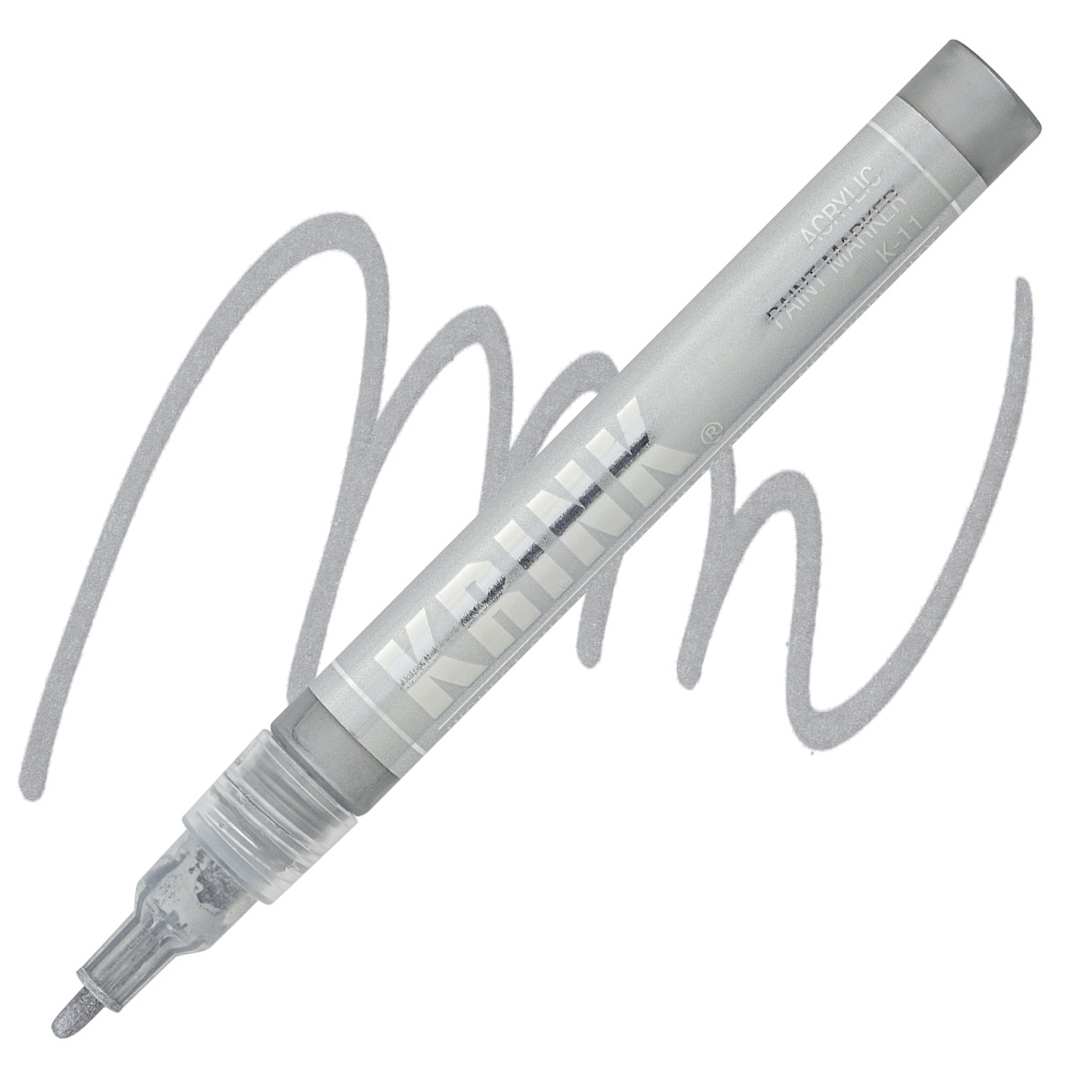 Open in modal - Krink K-11 Acrylic Paint Marker - Silver, 3 mm marker and swatch